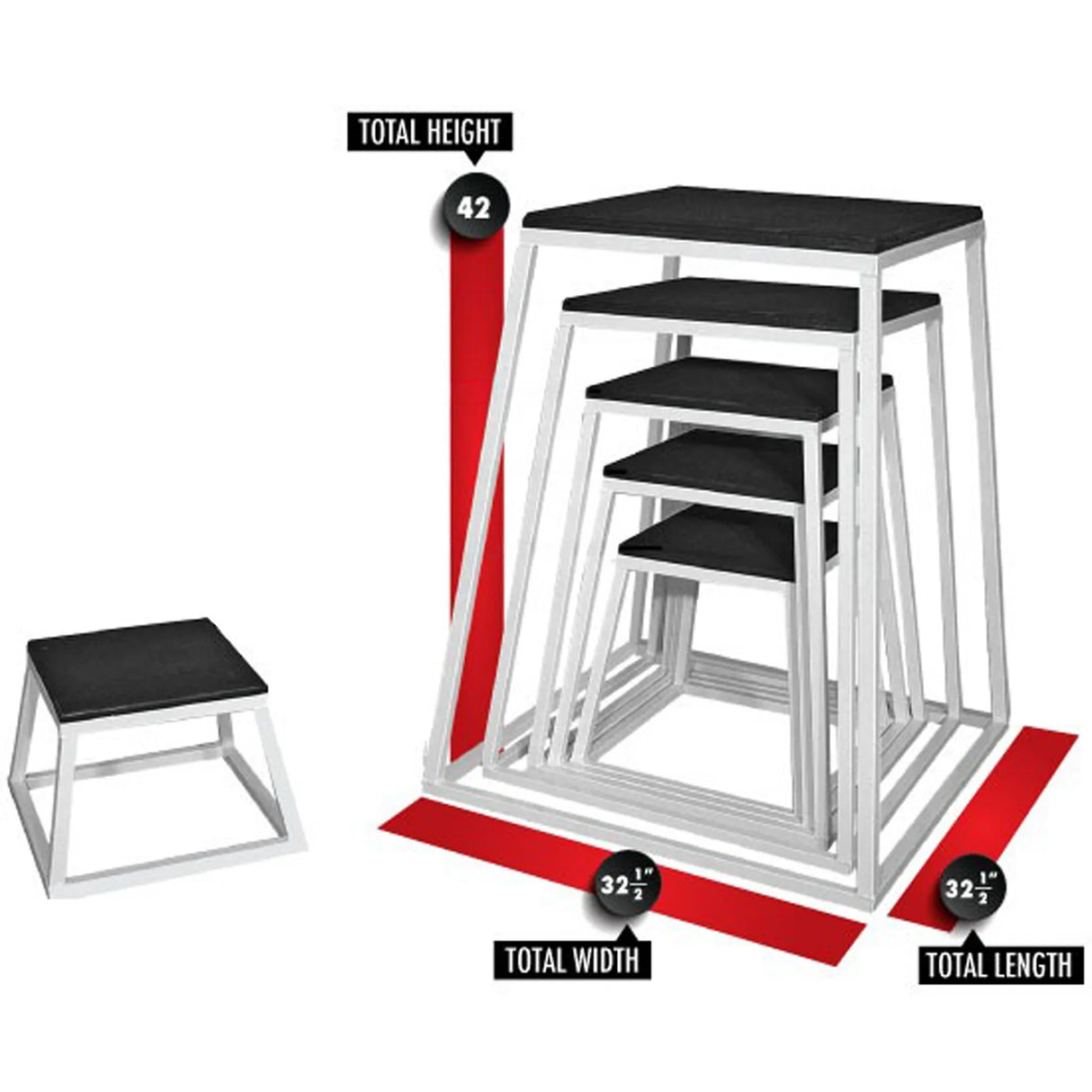 A set of metal framed gym jump boxes with black tops on a white background With red measurement labels and dimensions