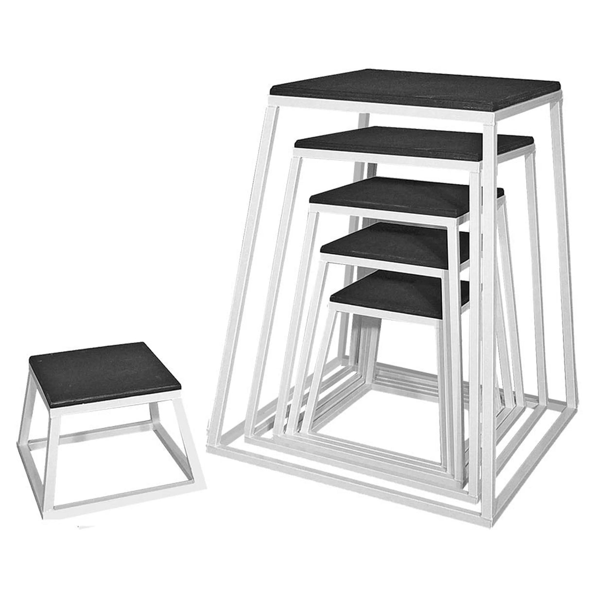 A set of metal framed gym jump boxes with black tops on a white background