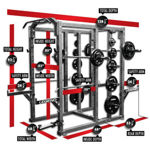 Weight rack with labeled dimensions on a white background