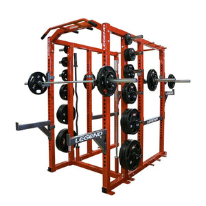Red Legend fitness power rack with weight plates on a white background