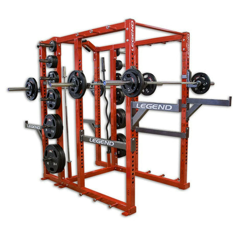 Red Legend power rack with barbell and weights on a white background