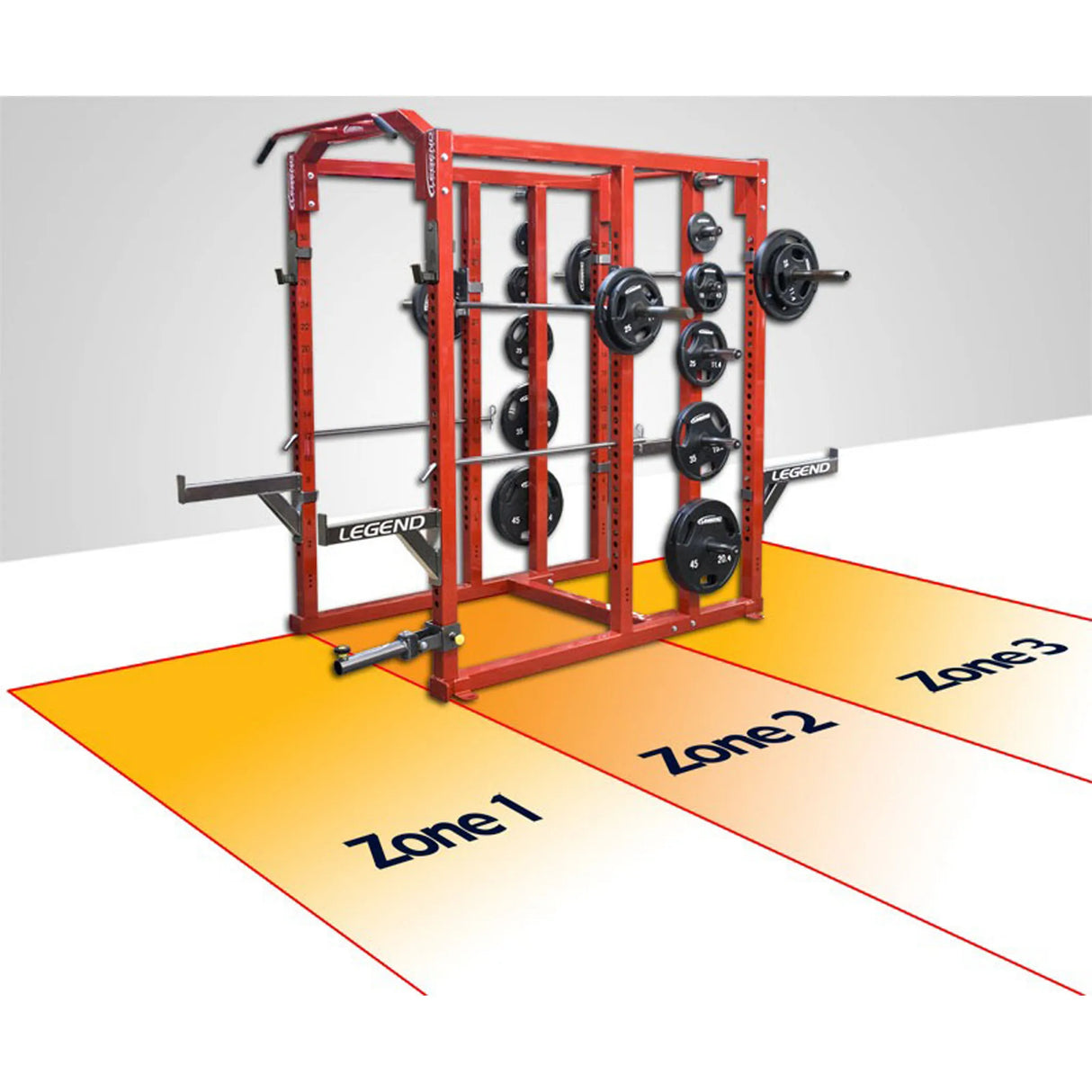 Red Legend fitness power rack with weight plates on a white background