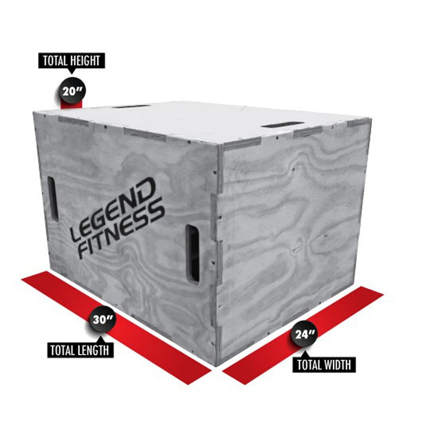 Wooden fitness box with 'Legend Fitness' branding on a white background with red measurement labels and dimensions