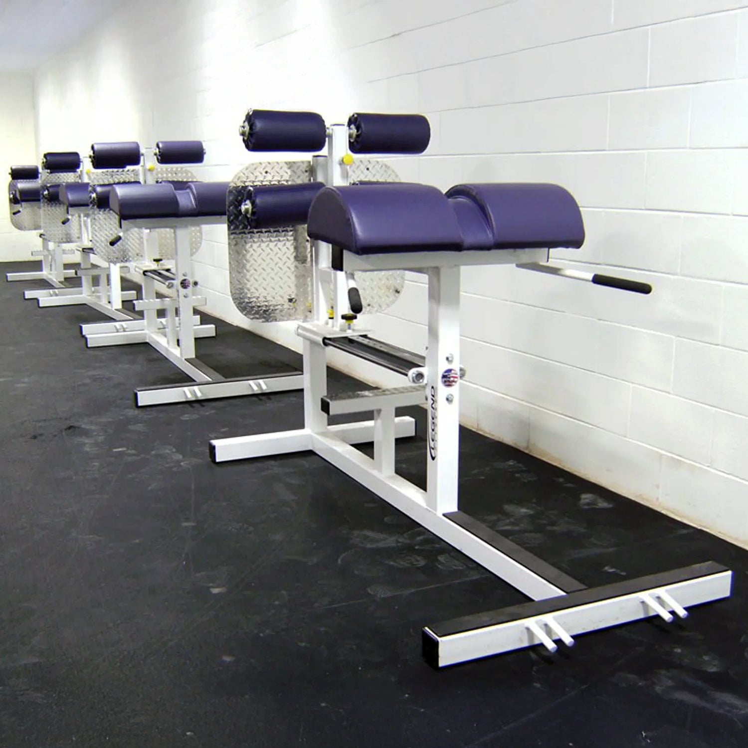 A row of white glute ham developer machines with blue pads on a black floor in front of a white wall