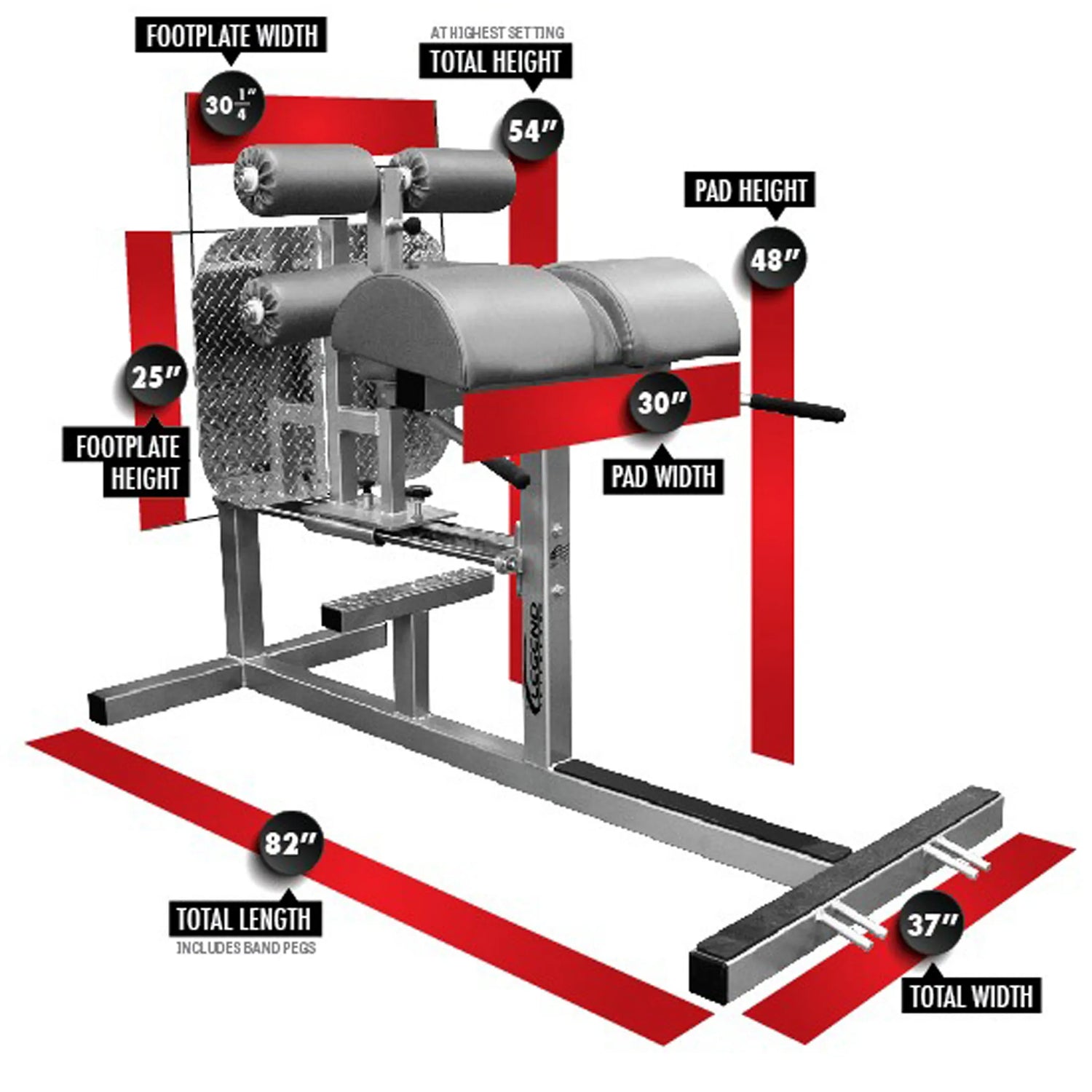A glute ham developer fitness machine with labels and dimensions