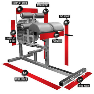 A glute ham developer fitness machine with labels and dimensions