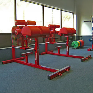 Two red glute ham developer fitness machines in a gym