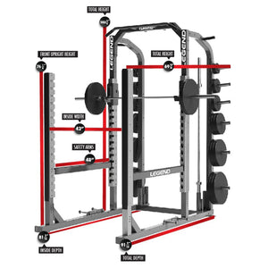 Gym power rack with measurement labels on a white background