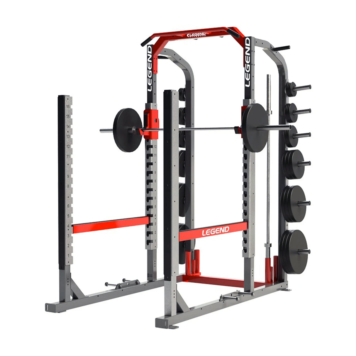 Legend Fitness red and gray power rack with barbell and plates