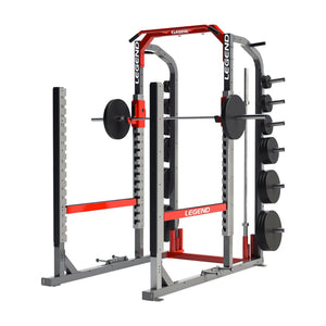 Legend Fitness red and gray power rack with barbell and plates