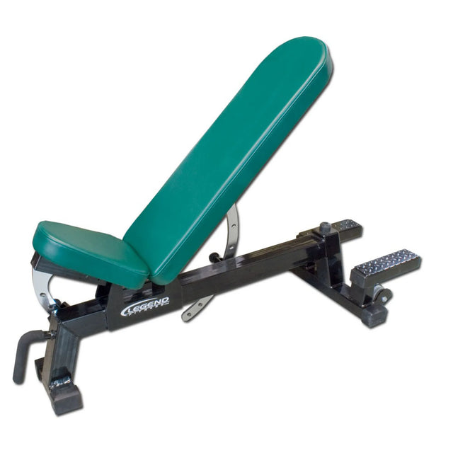 Green weight bench with black metal frame on a white background