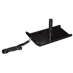 A small black metal fitness sled with a black strap on a white background