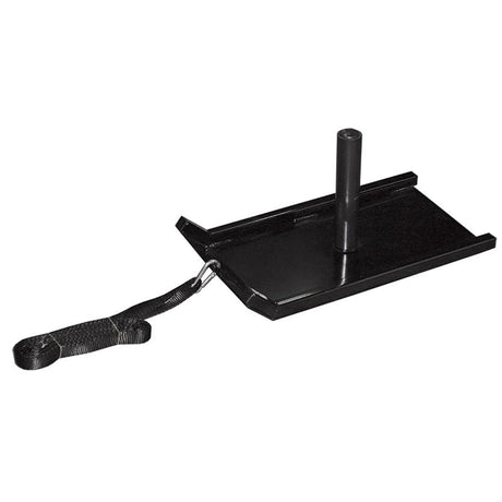 A small black metal fitness sled with a black strap on a white background