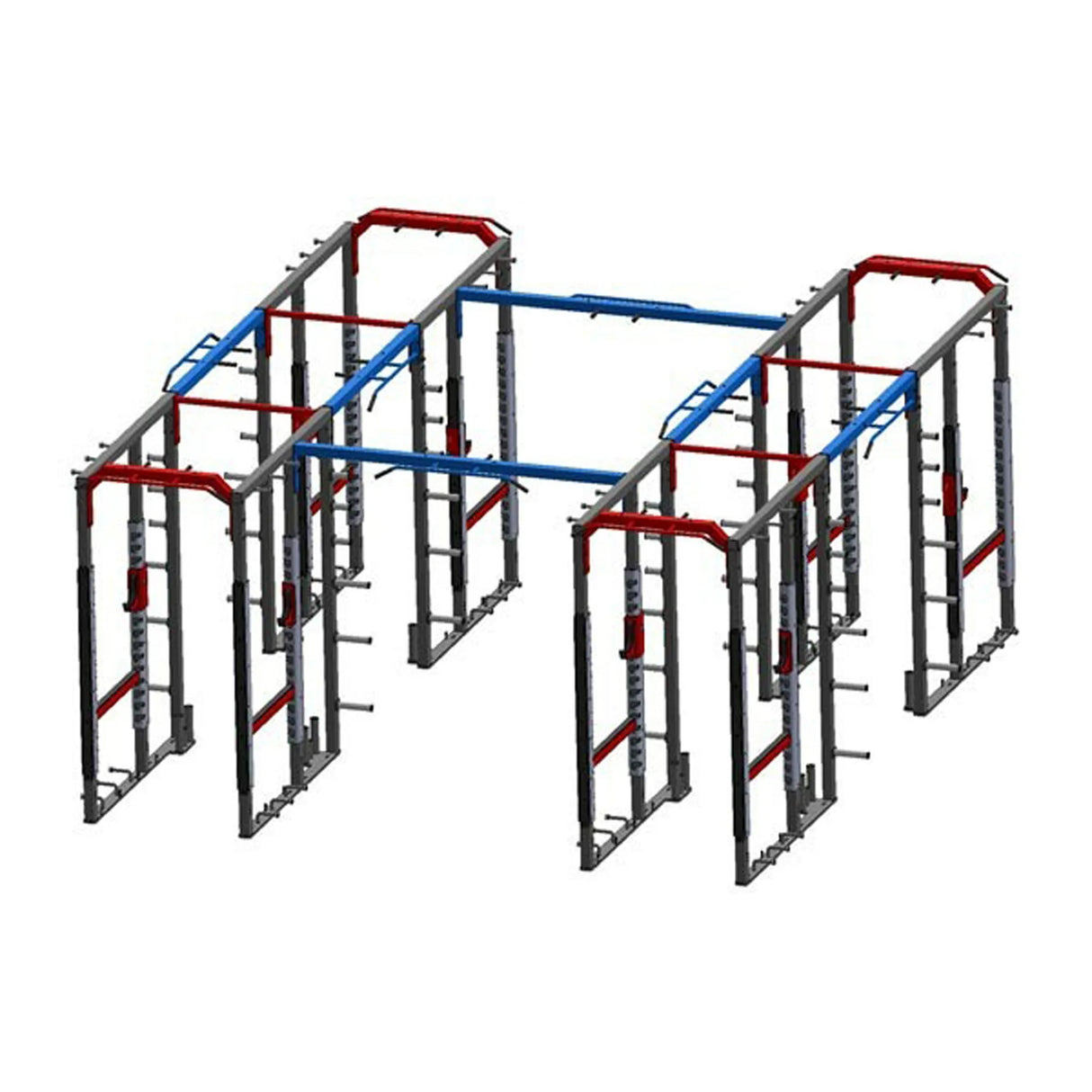 Power Racks connected with four long pull-up bar crossmembers on a white background