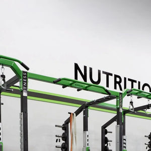 Green fitness equipment with 'Nutrition' text on a white wall