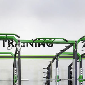 Green fitness training rack on a white background