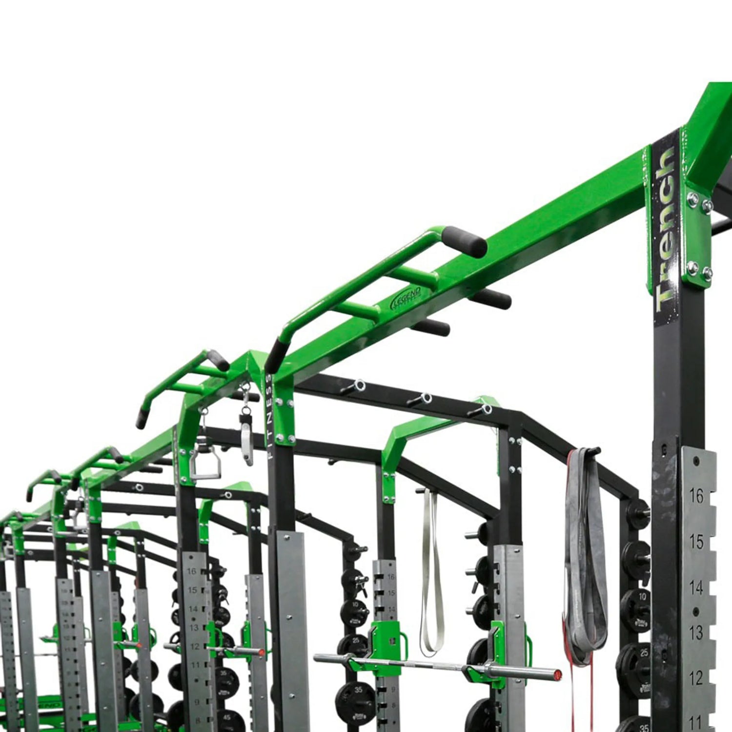 Green and black fitness equipment rack with 'Trench Fitness' branding on a white background
