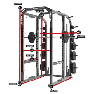 Gym power rack with Legend branding on a white background