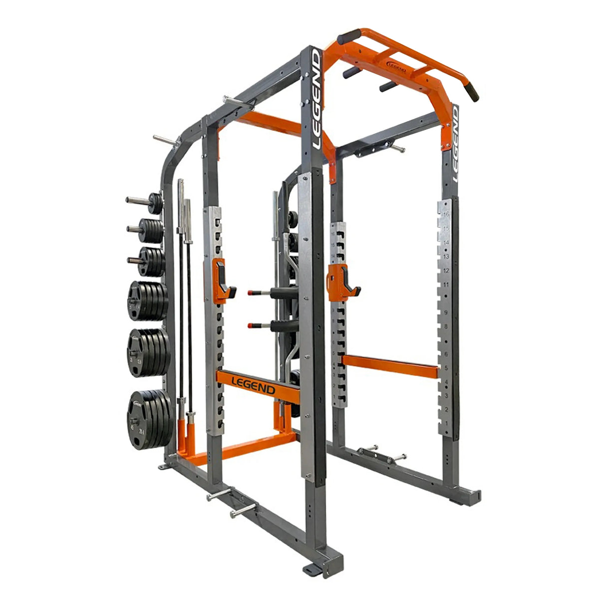 Gray and orange Legend fitness power rack with weight plates on a white background