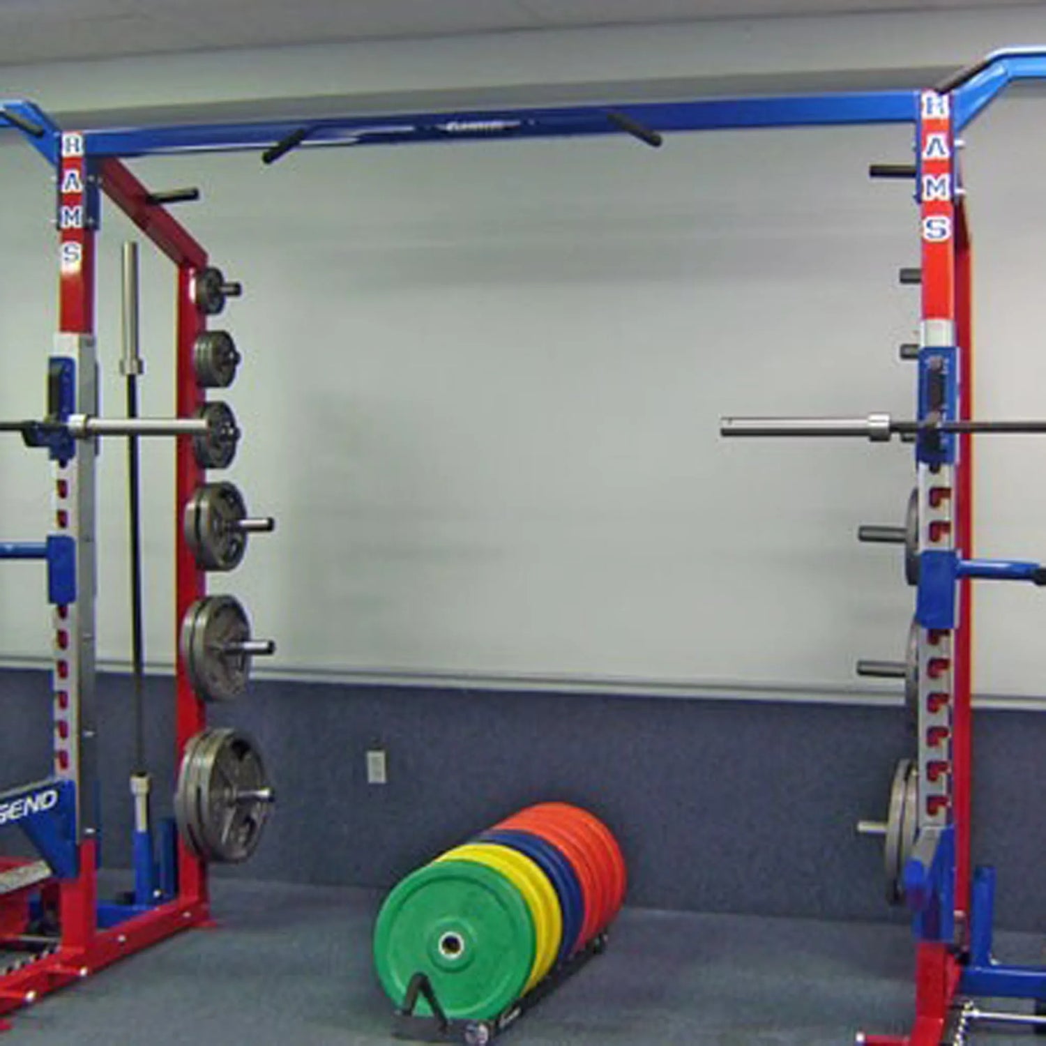 Gym setup with weight rack and colorful weight plates on a blue floor.