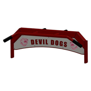Red and gray rack pull-up-bar with 'DEVIL DOGS' branding on a white background