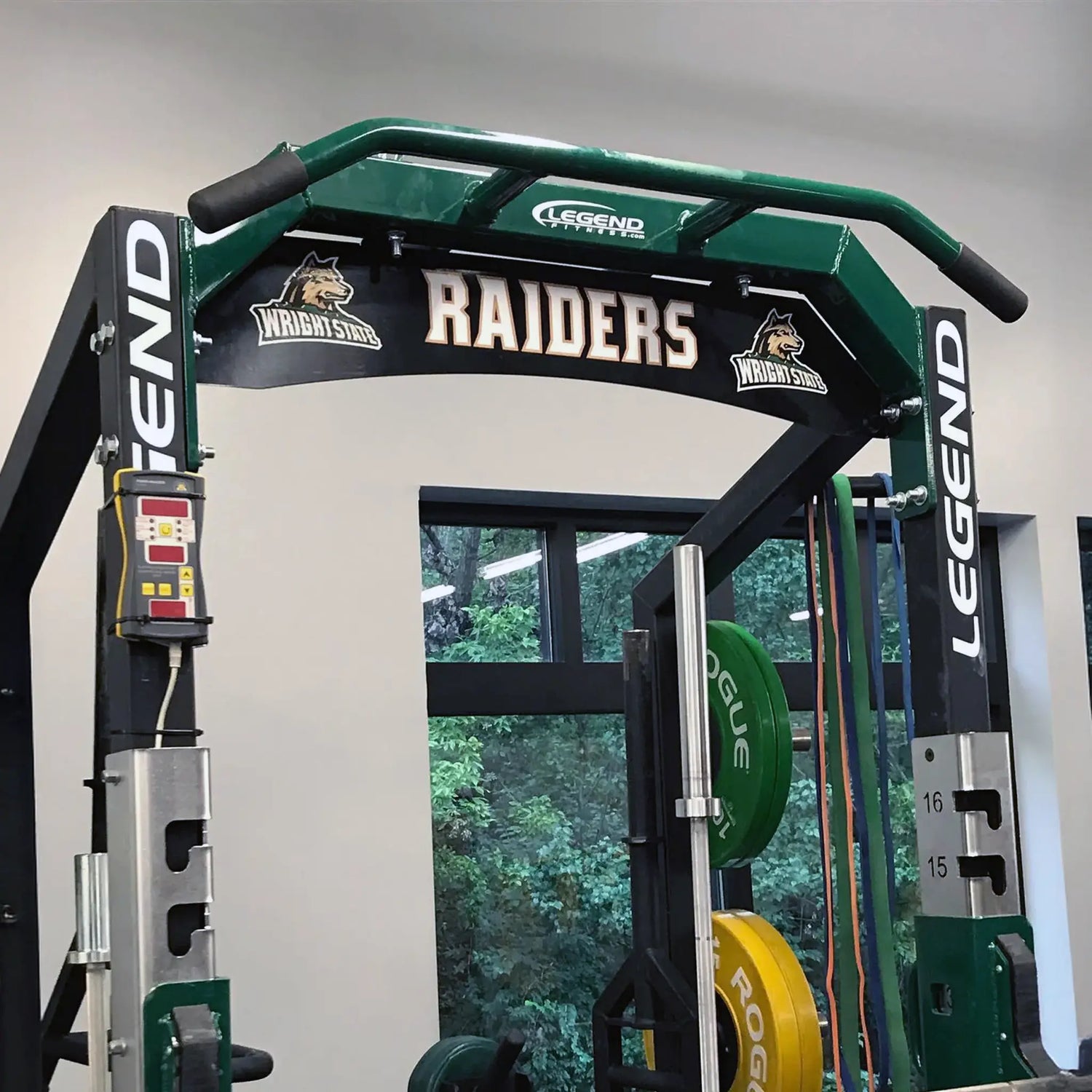 A name plate on a half rack with 'Wright State Raiders' branding