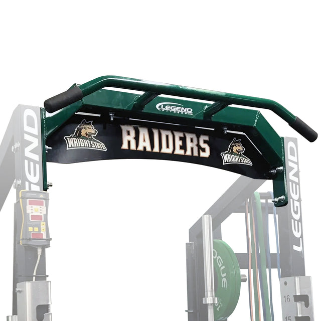 A name plate on a half rack with 'Wright State Raiders' branding on a white background