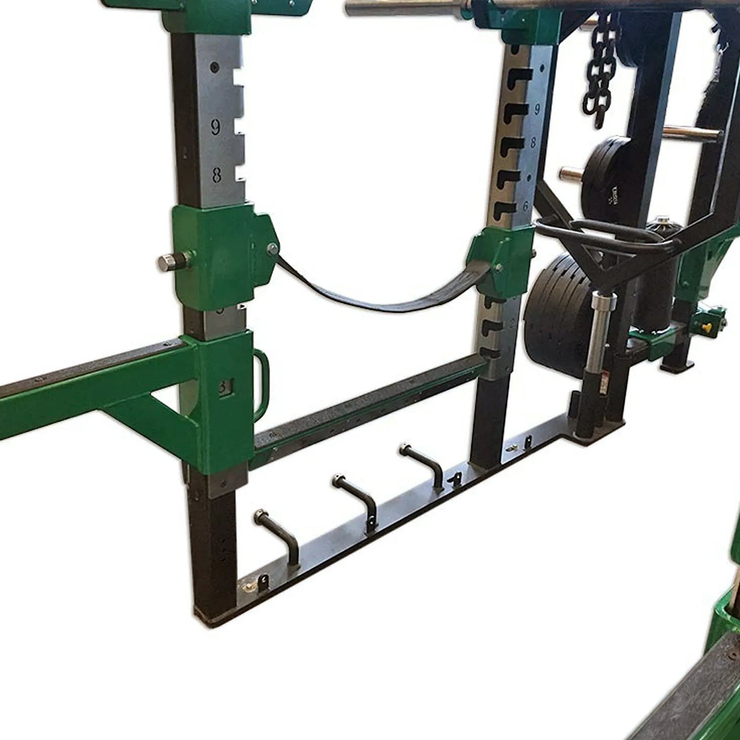 Green and black weightlifting rack on a white background