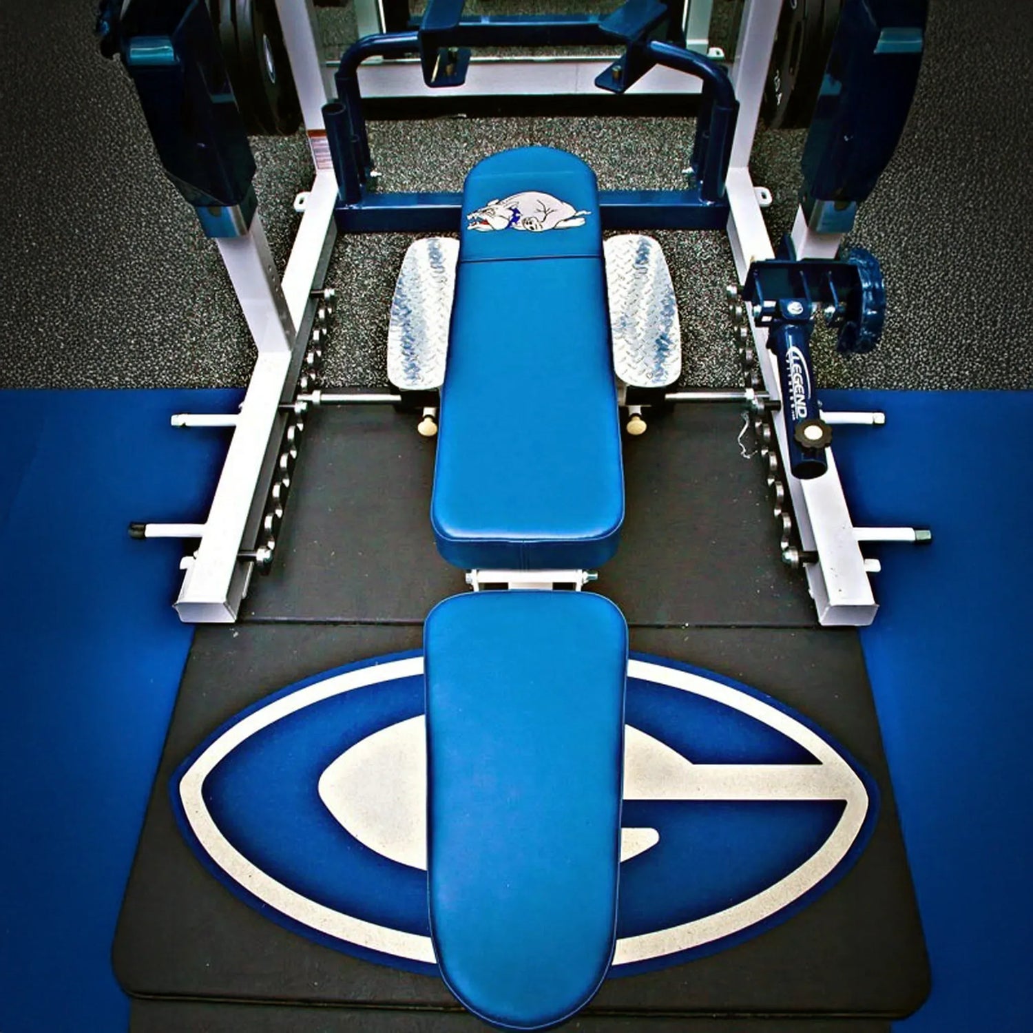 Overhead view of the Legend Fitness 3222-D Bench Docking Kit for Full Cages, featuring a blue and white padded bench, weights, and a large G logo with bulldog mascot on the floor mat.