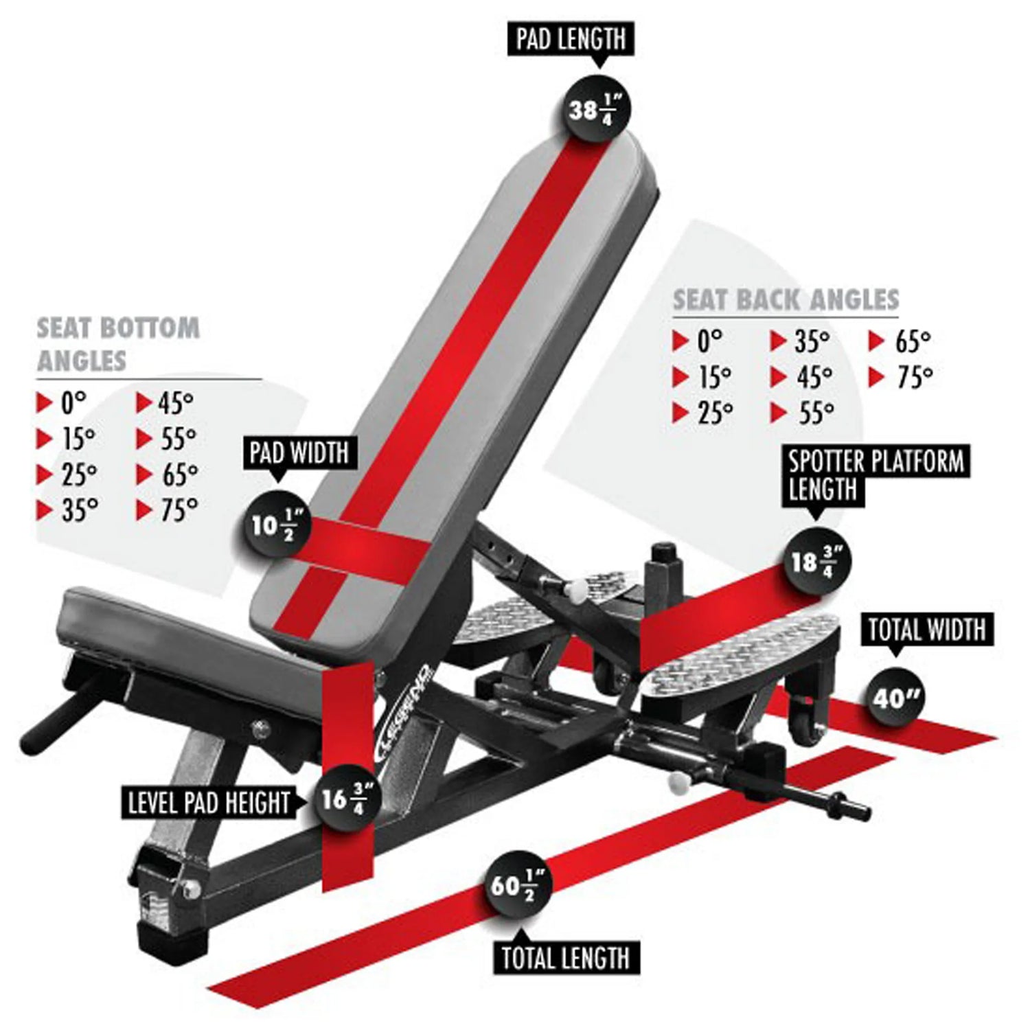 Detailed measurement chart of a weight bench with various angles and dimensions.