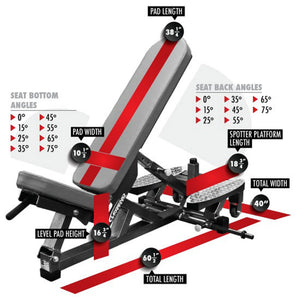 Detailed measurement chart of a weight bench with various angles and dimensions.