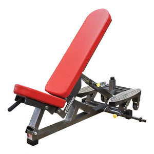 Red weight bench with adjustable components on a white background