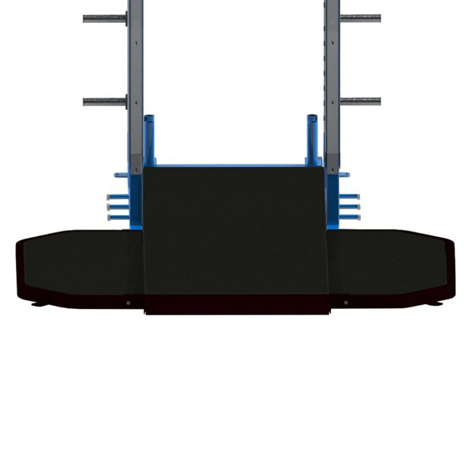 Black rubber weightlifting platform connected to a squat rack