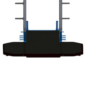 Black rubber weightlifting platform connected to a squat rack