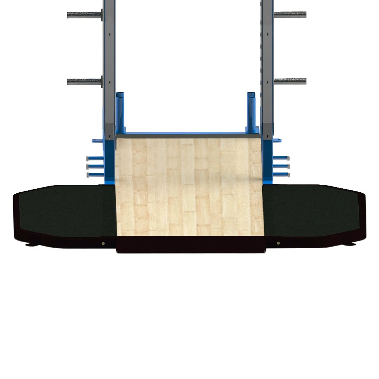 Squat rack connected to a wood and rubber weightlifting platform