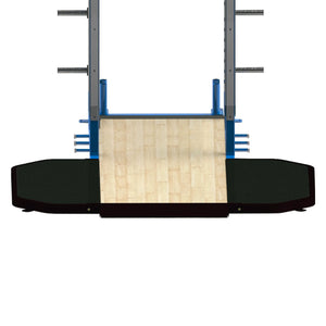 Squat rack connected to a wood and rubber weightlifting platform