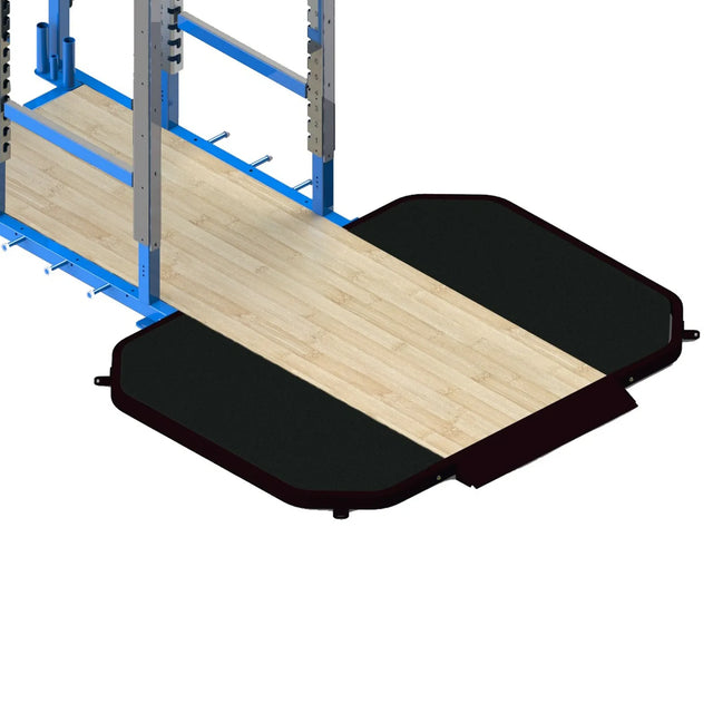 Wooden platform with black rubber outsides connected to a weightlifting rack
