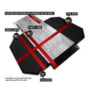 A wood and rubber weightlifting platform with red markings and dimension labels