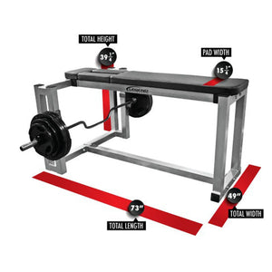 A silver and black prone row seal row weightlifting bench on a white background with black plates, a silver bar and red dimensions and labels