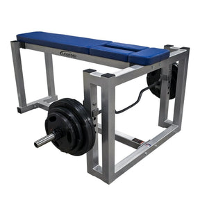 A gray and blue metal seal row machine with black plates on a white background