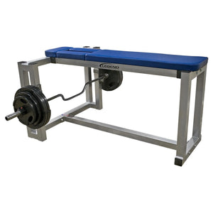 A silver and blue prone row weightlifting bench on a white background with black plates and a silver bar