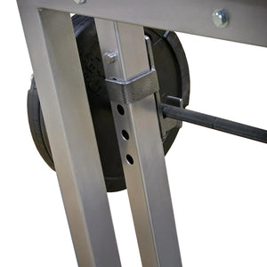 A silver metal frame for a prone row weightlifting bench