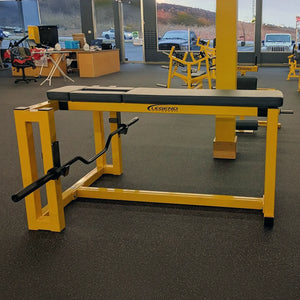A yellow and black Legend Fitness seal row machine in a gym setting