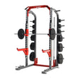 A red and gray Legend Fitness half rack with weight plates on a white background