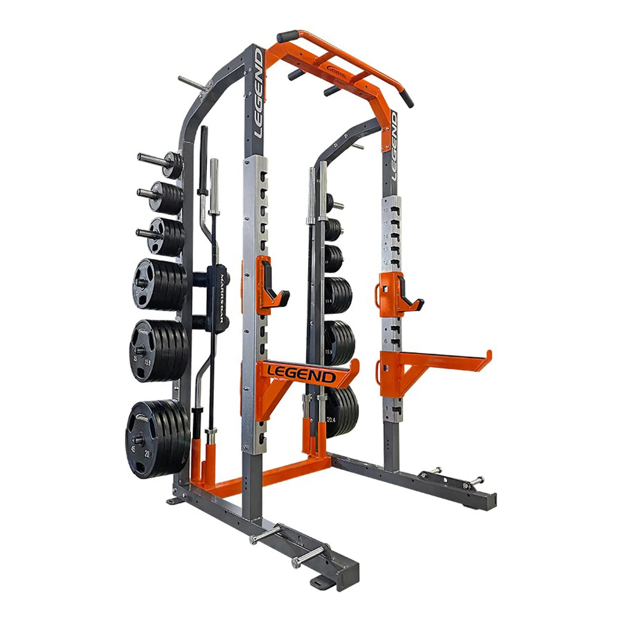 Gym rack with weights and Legend branding on a white background