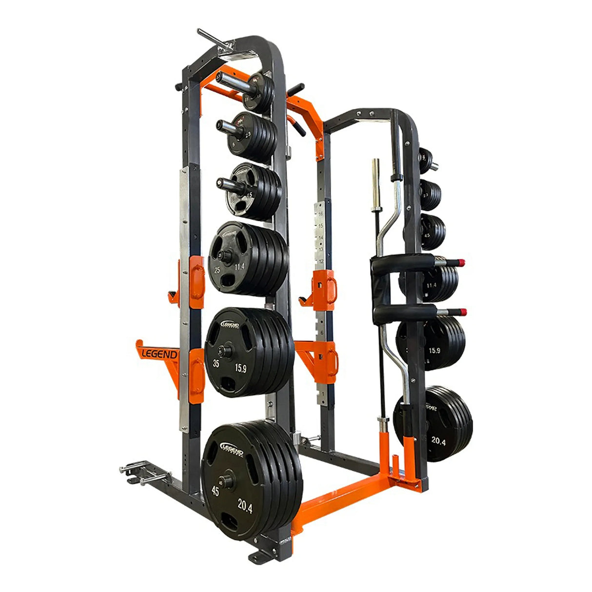 Weight rack with Legend weights on a white background