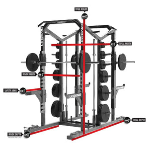 Gym power rack with labeled dimensions on a white background