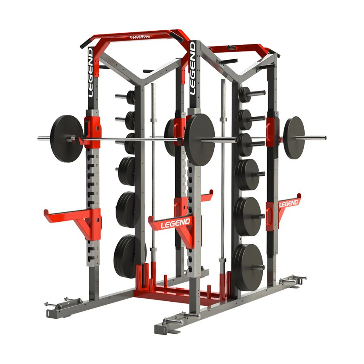 Red and gray Legend fitness power rack with weight plates on a white background