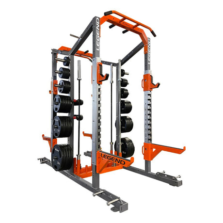 Orange and gray Legend fitness power rack with weight plates on a white background