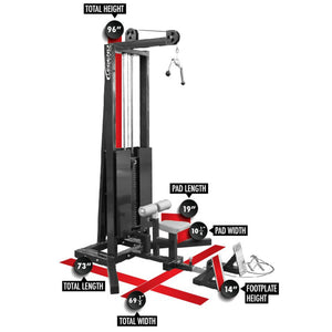 A lat pulldown floor row gym machine on a white background with dimensions